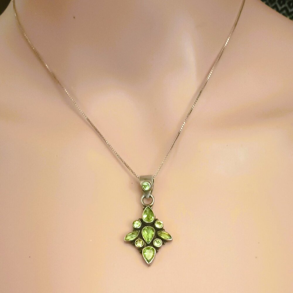 925 Green Tourmaline Tiered Necklace 16" Vintage Sterling Silver Pendant Jewelry
